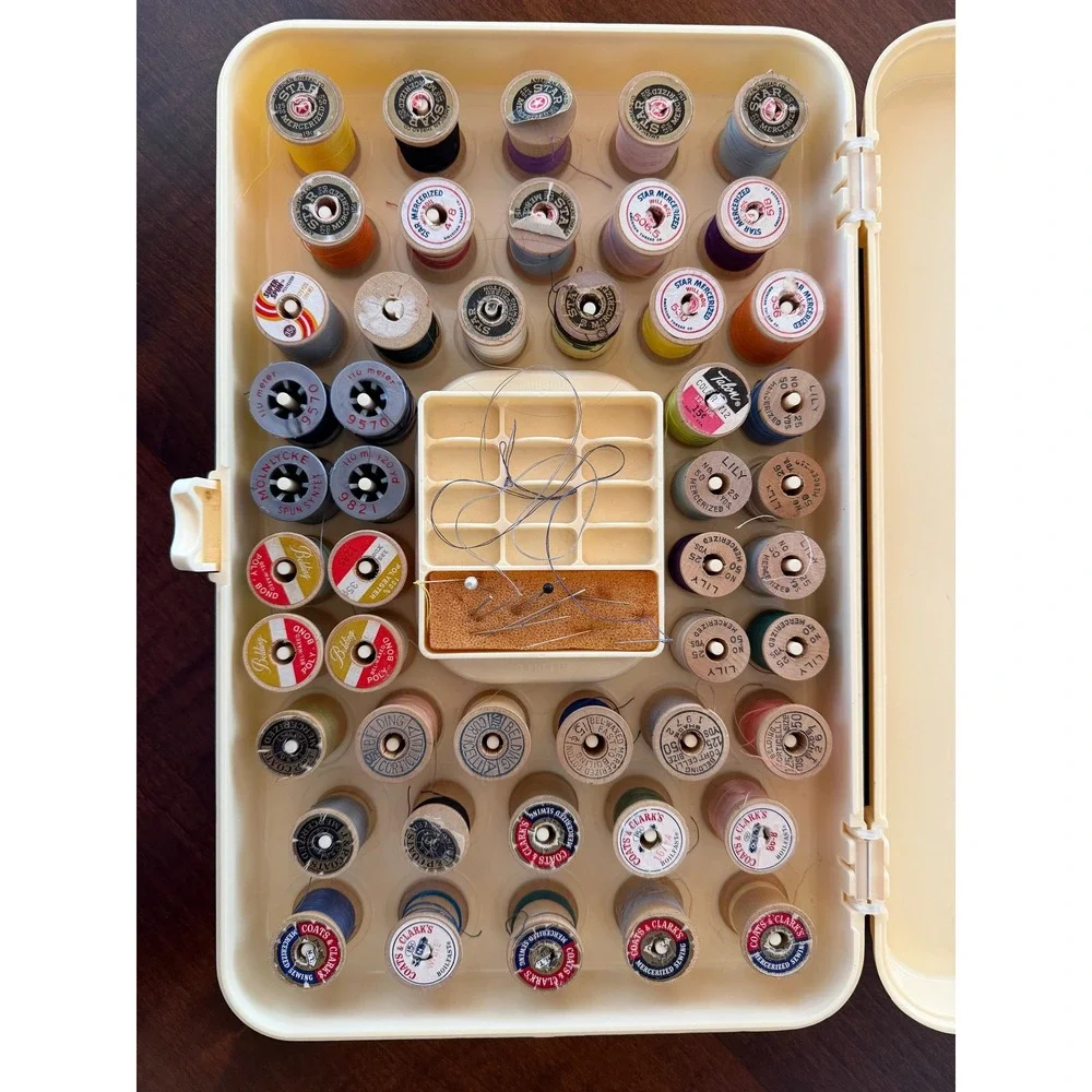 Vintage Wil-Hold Sewing Box Wooden Thread Spools Lot Coats Clark Lily Star